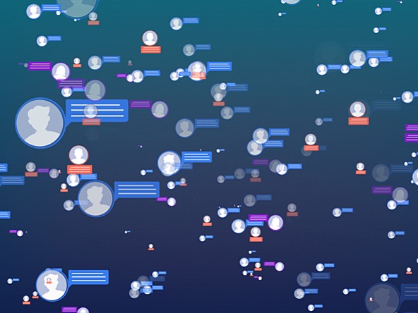 multiple small bubbles containing silhouettes and the outlines of speech bubbles 